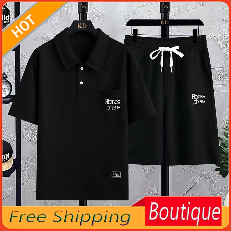 Men's Waffle Polo Shirt 2023 New Summer Leisure Sports Suit Letter Embroidered Lapel Short-Sleeved Shirt