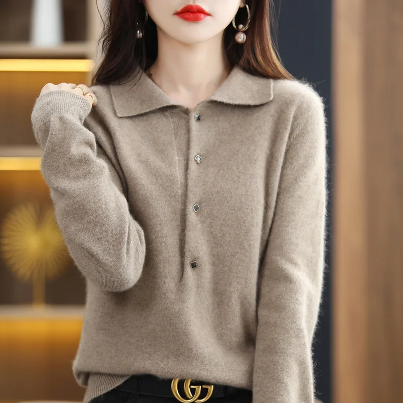 

100%Wool Cashmere Sweater Women Lapel Solid Color Long Sleeve Sweater Loose Korean POLO Collar Knit Top Female