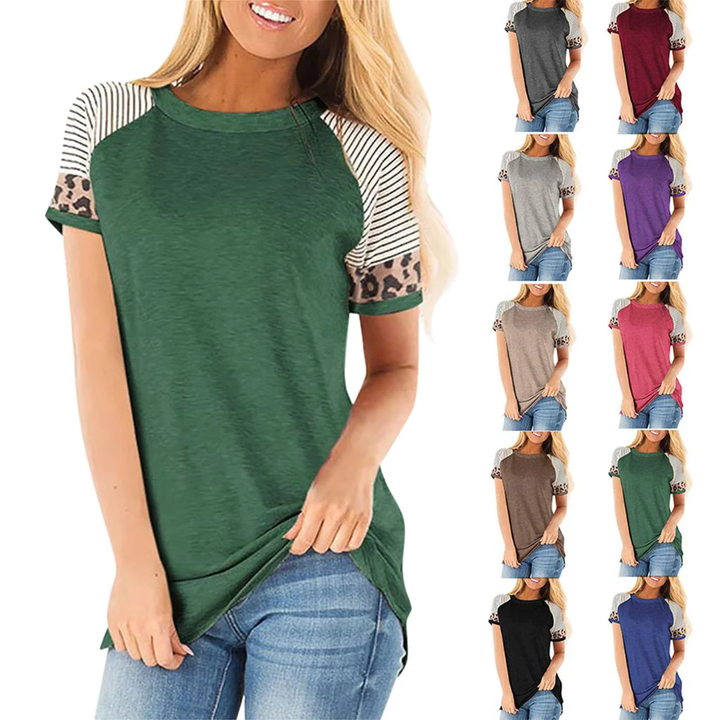 Women's summer round neck stripe leopard stitching Casual Short Sleeve T-Shirt Top Women