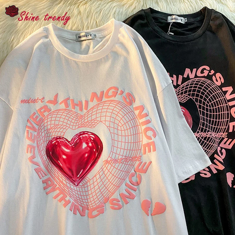

Y2K Hip Hop Women T Shirt Oversized Heart Print O Neck Loose Short Sleeve Street T Shirt 2022 New Summer Female Tops Clothing