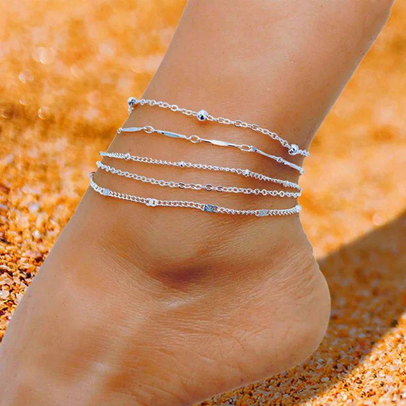 

Bohemian Silver Color Multi-layer Chain Anklet for Women Butterfly Heart Bead Chain Bracelet On Leg Foot Summer Beach Jewelry