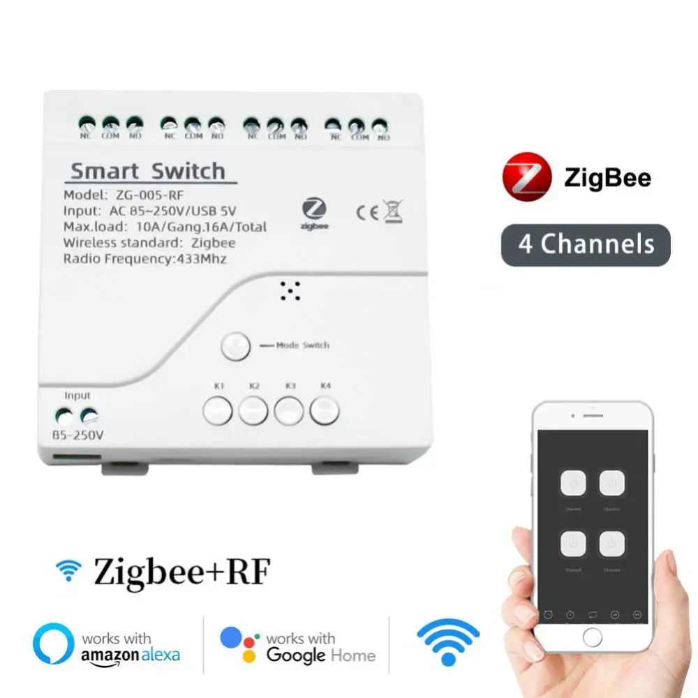 

Tuya Zigbee Smart Light Switch Module 4CH Remote Switch Controller AC 85-250V 10A Relays Work With Alexa Google Home Smart Life
