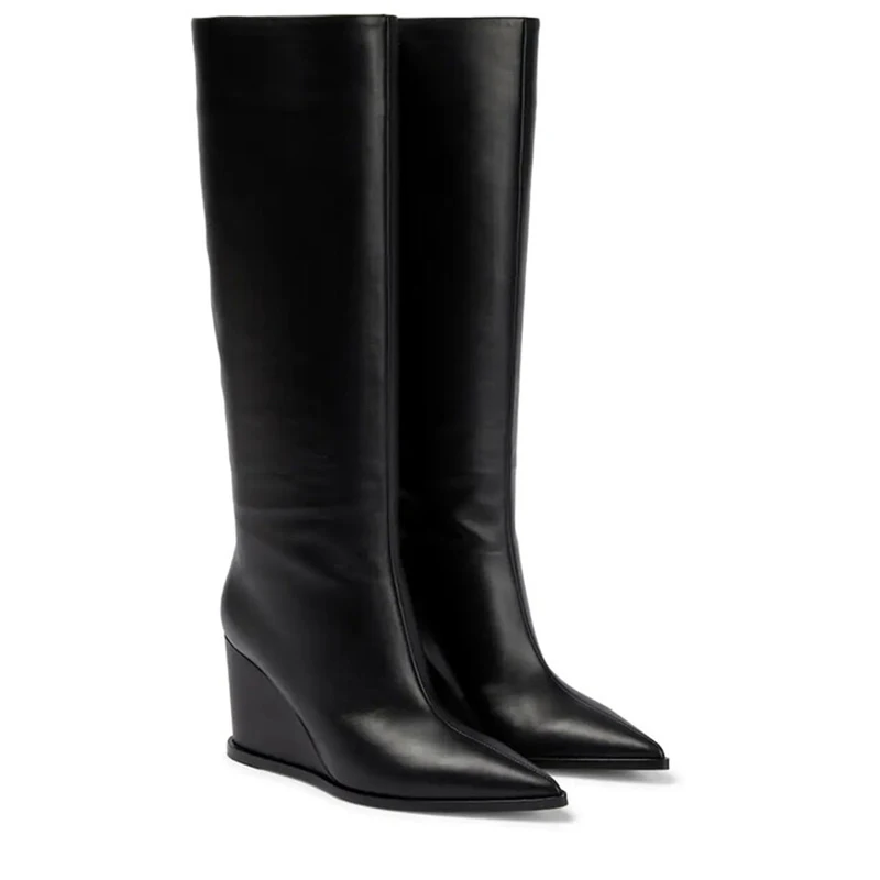 Wide Fit Size 46 for Big Leg Women Knee High Boots Sexy Pointy toe Woman High Wedges Shoes Cow Leather Booties
