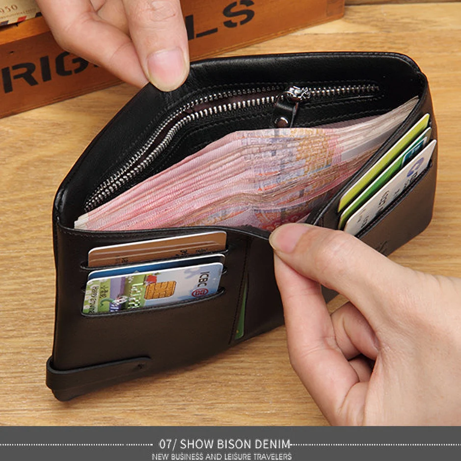 BISON DENIM Super Soft Genuine Leather Men Wallet Brand Luxury RFID Business Card Holder Coin Pocket Purse Best Gift For Men