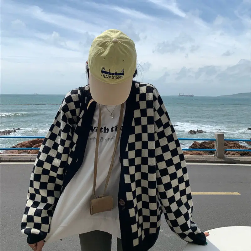

Checkerboard Long Sleeve Top 2023 Early Autumn Korean Fashion Lazy Wind V-neck Sweater Plaid Knitted Vintage Cardigans Women
