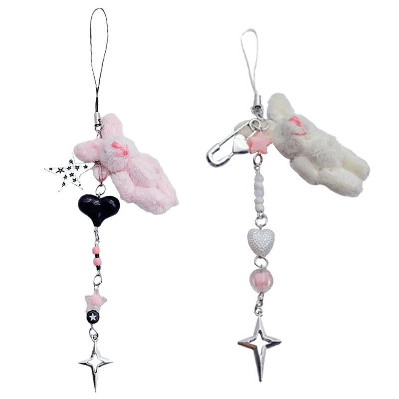

E0BF Plush Rabbit Phone Chain Strap Heart Star Beaded Keychain Alloy Phone Charm Wrist Strap Lanyard for Women Bag Ornament