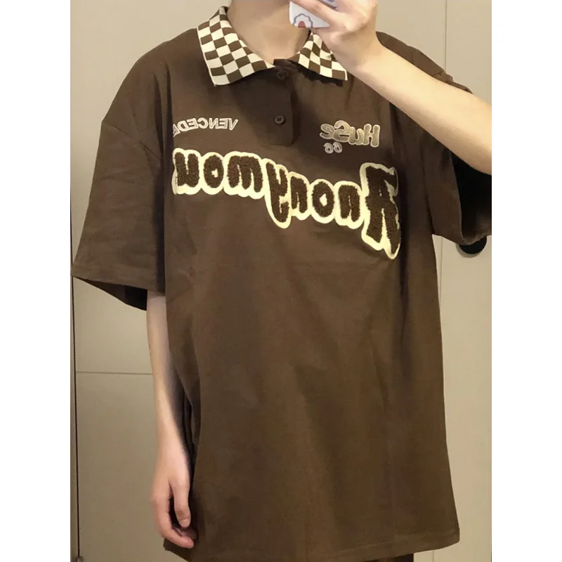 

Deeptown Y2k Vintage Brown Oversize T-shirts Women Harajuku Letter Embroidered Short Sleeve Top Korean Style Streetwear Polo Tee