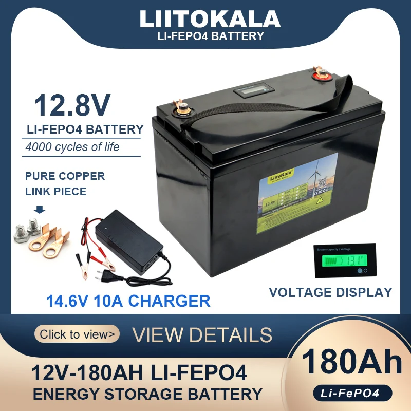 

Liitokala 12.8V 180AH LiFePO4 Battery 12V Lithium Iron Phosphate Batteries 4000 Cycles Touring Car Solar Wind 14.6V 10A Charger