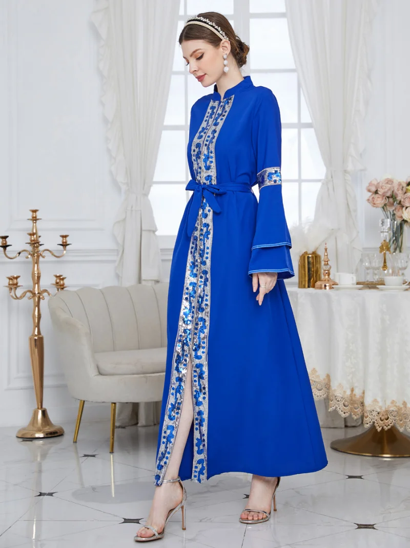 Arabic Dresses For Women Embroidered Sequins Patchwork Solid Blue Long Sleeve Split Hem Dress Islam Oman Qatar Abaya