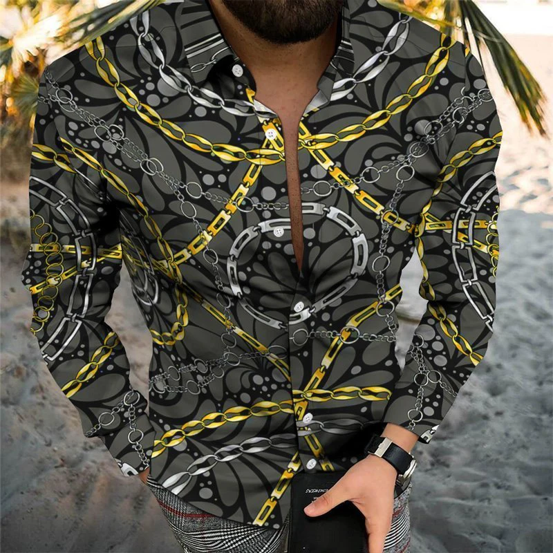Luxury Fashion Men Shirt Turn-down Collar Buttoned Shirts Casual Red Poker Print Long Sleeve Men's Clothing Streetwear Cardigan