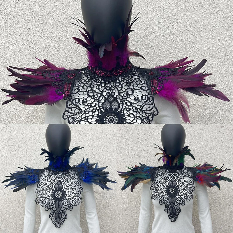 

Black Gothic Lace Feather Shawl Cape Women Stage Show Clothing Collar Cloak Poncho Wrap Halloween Cosplay Costume Accessories