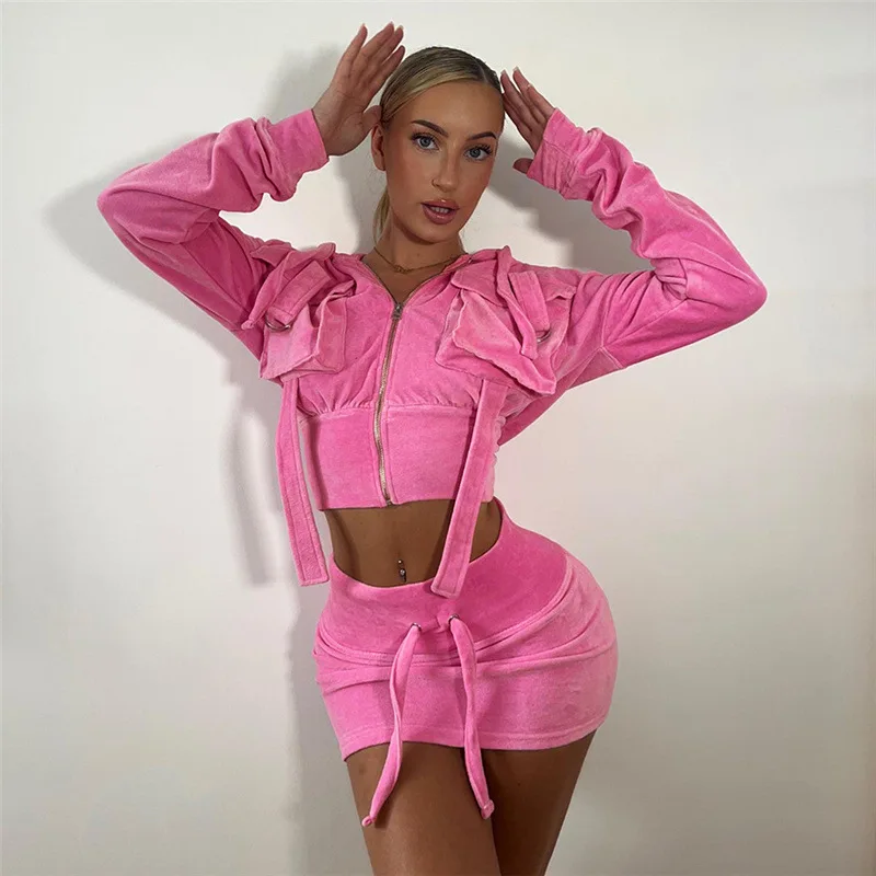

2023 autumn women's clothing new fashion personality hooded pocket cardigan short high waist casual skirt suit
