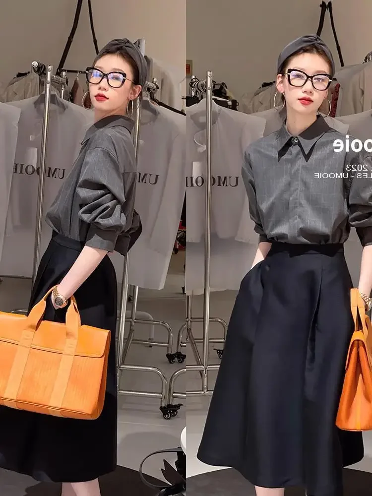 UMOOIE женская рубашка на пуговицах из серой полосатой ткани Sensation Of Clouds Sky хлопковая