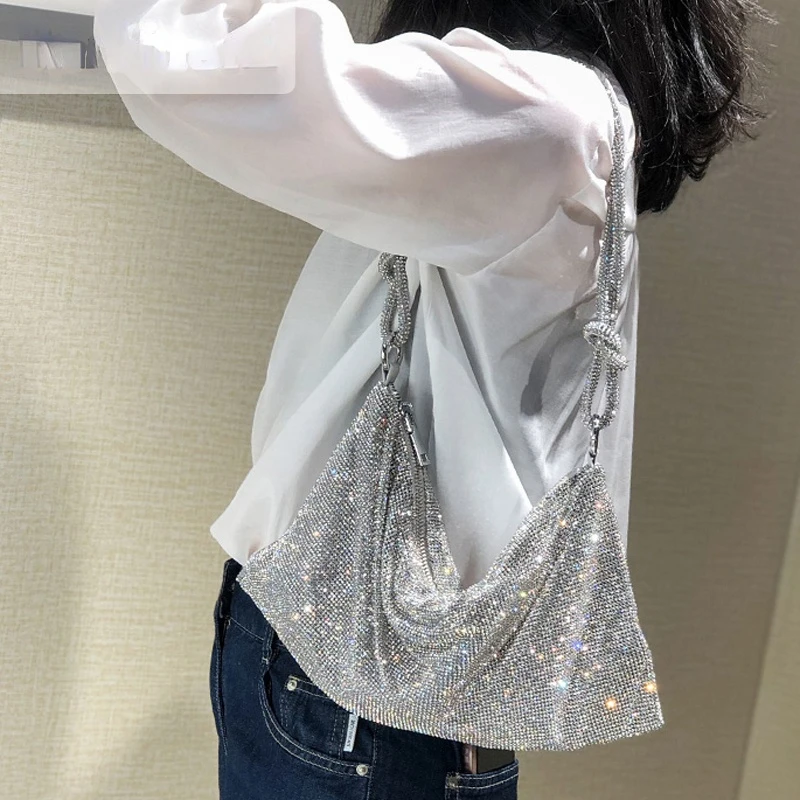 

Handle Rhinestones Evening Clutch Bag Silver Shiny Crystal Dinner Party Wedding Purses and Handbag Luxury Designer Shoulder Bag