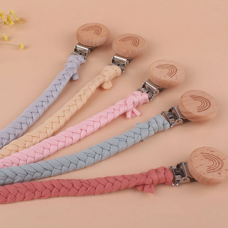 Hand Braided Cotton Cloth Pacifier Chains Handmade Wooden Dummy Pacifier Clips Safety Baby Girl Boy Eco-friendly Holder Chain