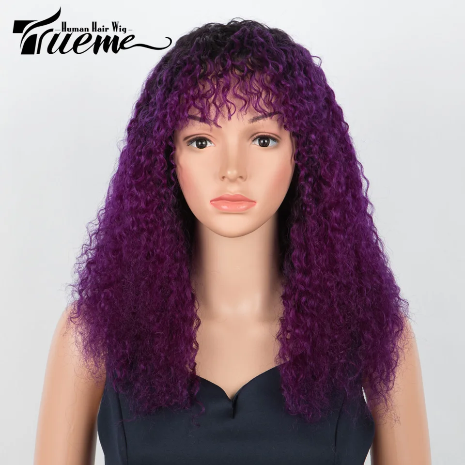 Trueme Afro Kinky Curly Wig Human Hair Wigs Brazilian Jerry Curl Bob Human Hair Wig With Bangs Omber 99J Purple Wig For Women