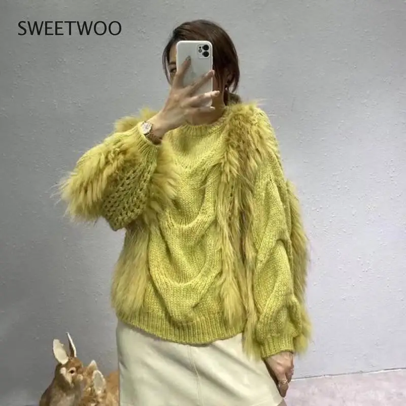 Women's Faux Fur Knitted Sweater Vest 2022 Famous Female Fur Pullover Warm Fall Winter High Neck Fur Sweaters Fashion Tide Slim
