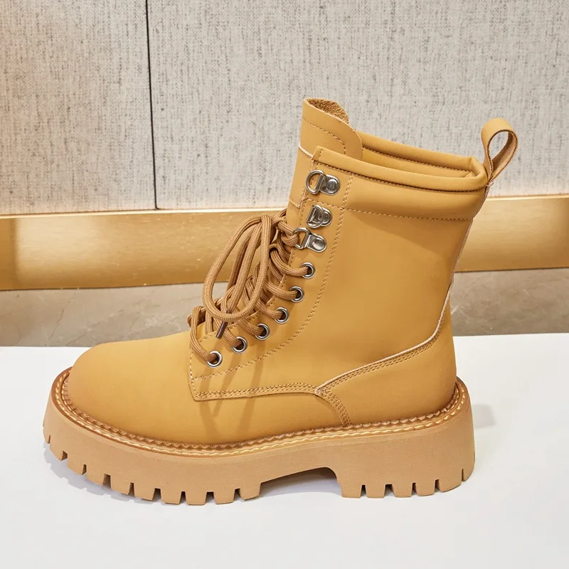 AIYUQI Women's Ankle Boots Genuine Leather 2023 New Yellow Marton Boots Women Platform Lace-up Booties Women