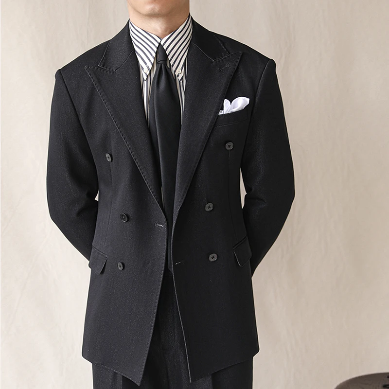 Мужской двубортный Блейзер Неаполя черный деловой облегающий пиджак пальто 2024