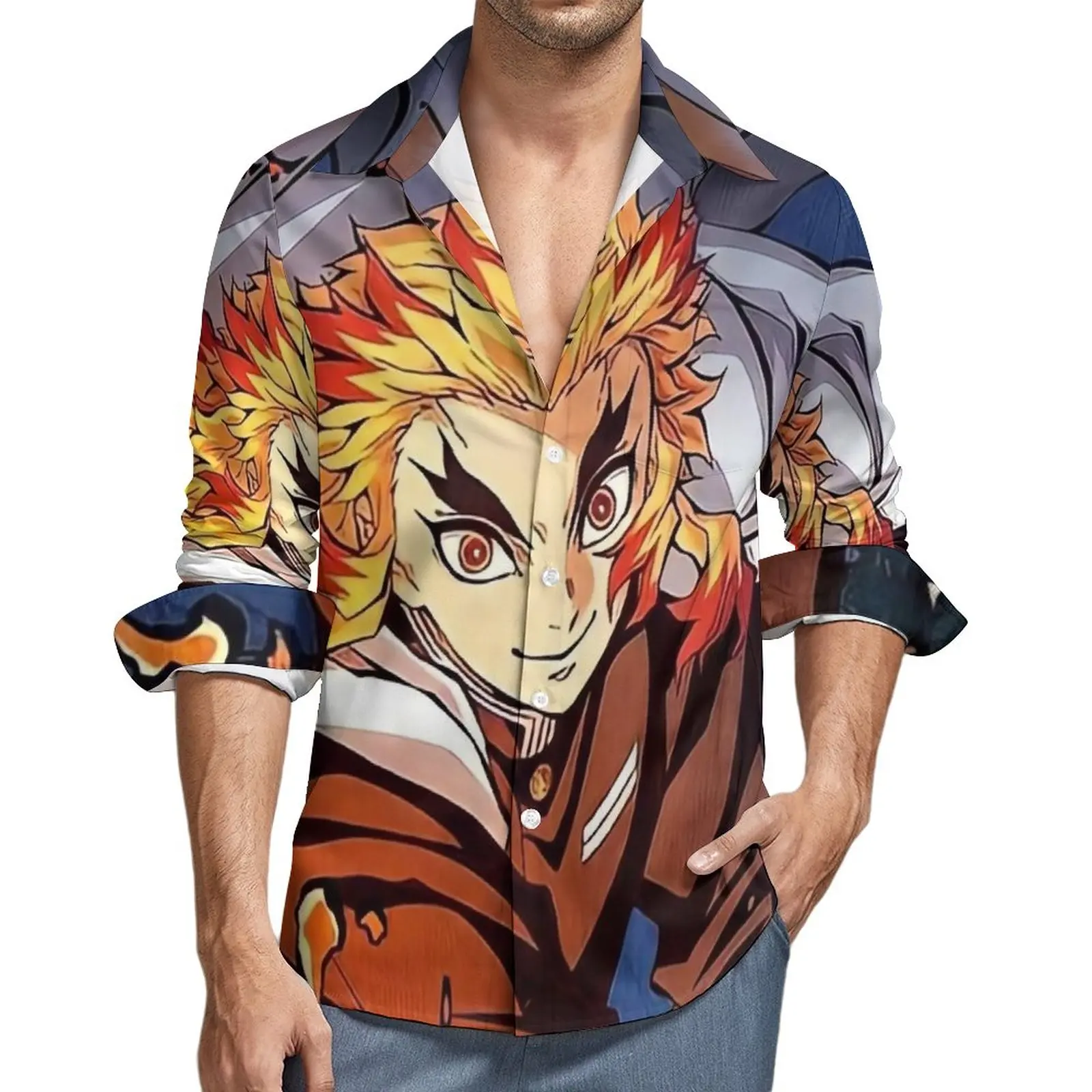 

Cute Demon Slayer Stylish Casual Shirt Male Rengoku Kyojuro Shirt Autumn Trendy Blouses Long Sleeve Printed Oversize Tops