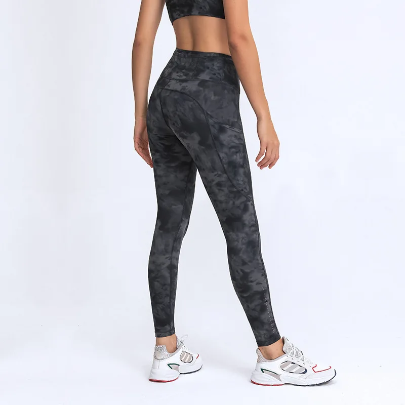 

Fitness Leggings Workout Women Sports Pants High Waist Tights Printed Stitching Sside Pockets Leg Bronzing Gym Clothe