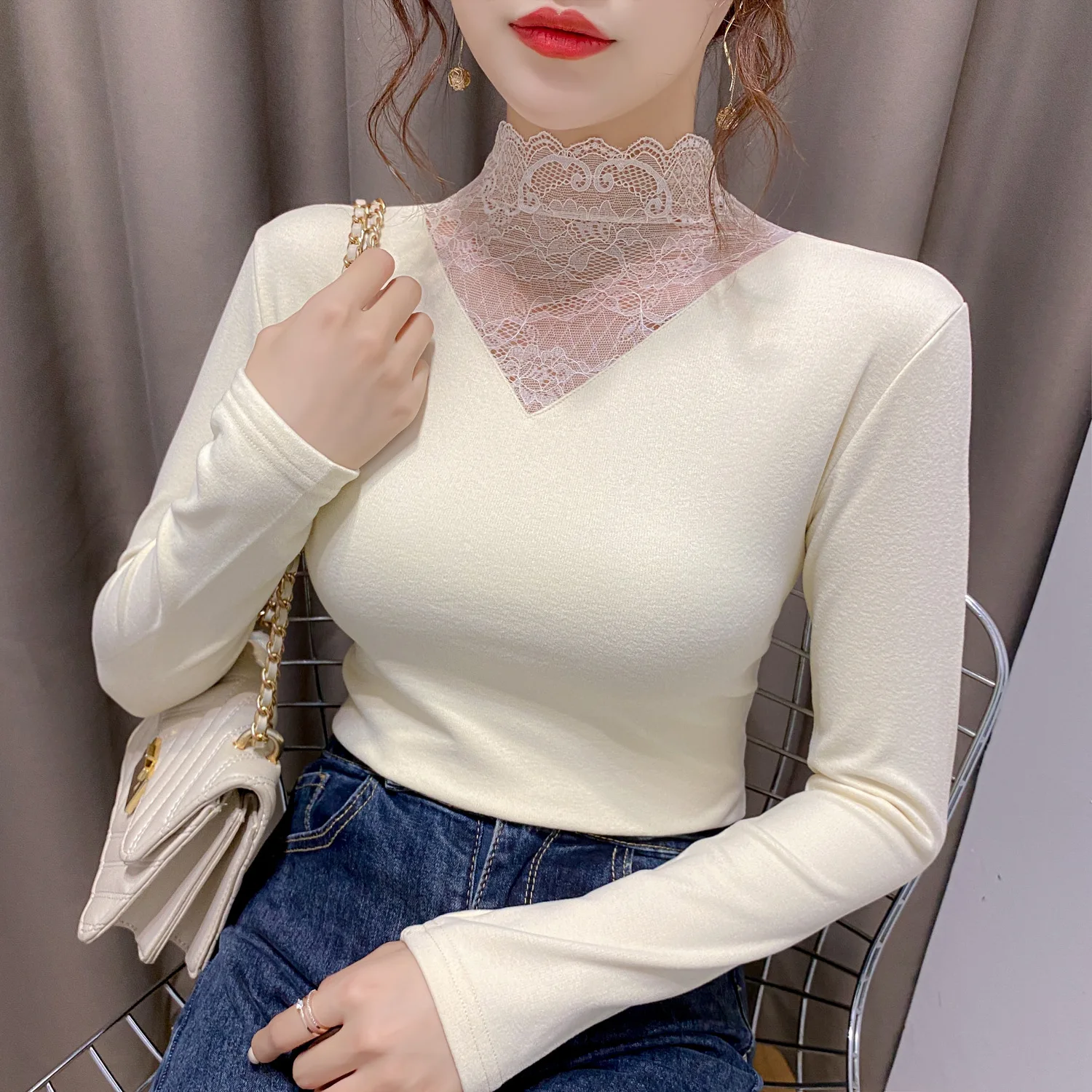 

Elastic Warm Sexy Bodycon Turtleneck Lace Woman Tops 2022 Autumn Winter Female Top Log Sleeve T-shirt Harajuku Kpop Clothing