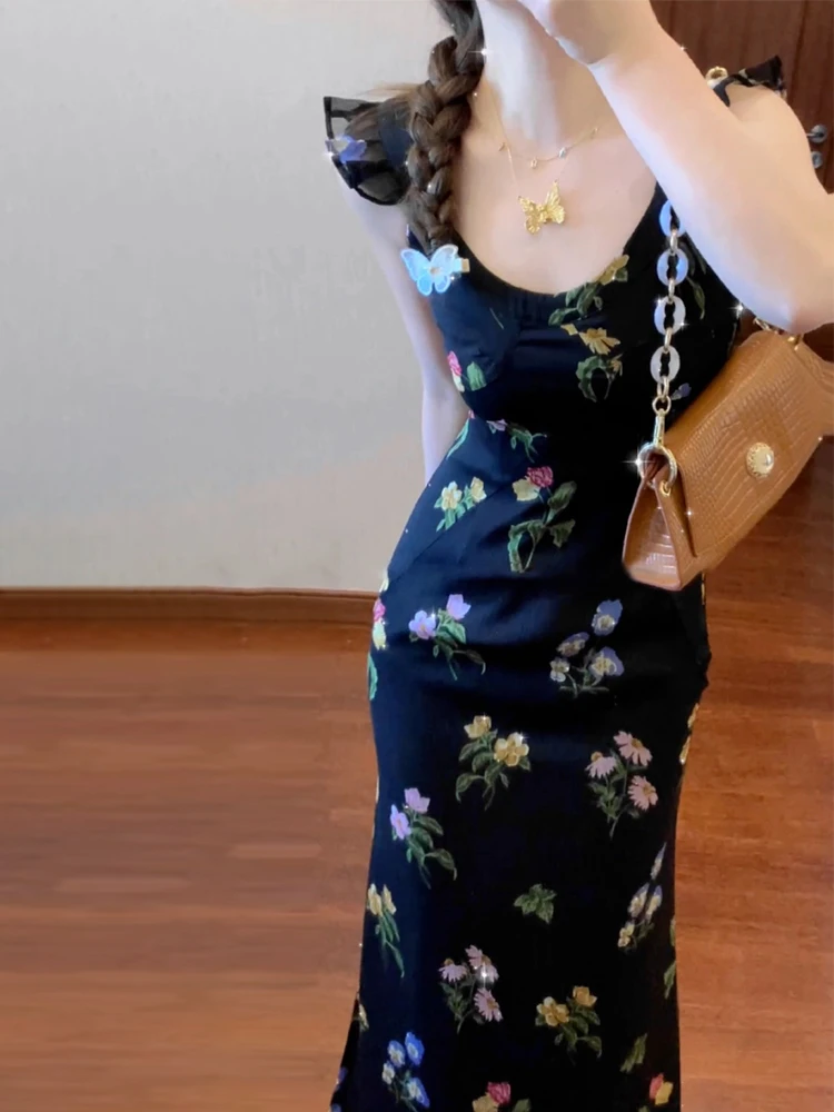 Женское платье с цветочным принтом маленькое во французском стиле длинным