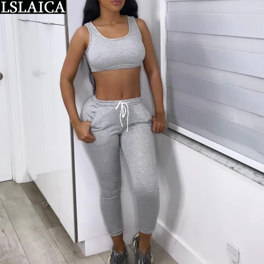 

Women Clothing 2 Pieces Set 2022 Summer Cheap Wholesale Tube Top&Drawstring Trouers Suit Gray Sport Sexy Fitness Women's Sets