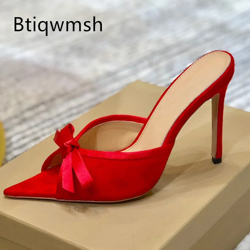 

Мюли женские замшевые, заостренный носок, узел бабочки, высокий каблук, пикантные сандалии-гладиаторы, красные