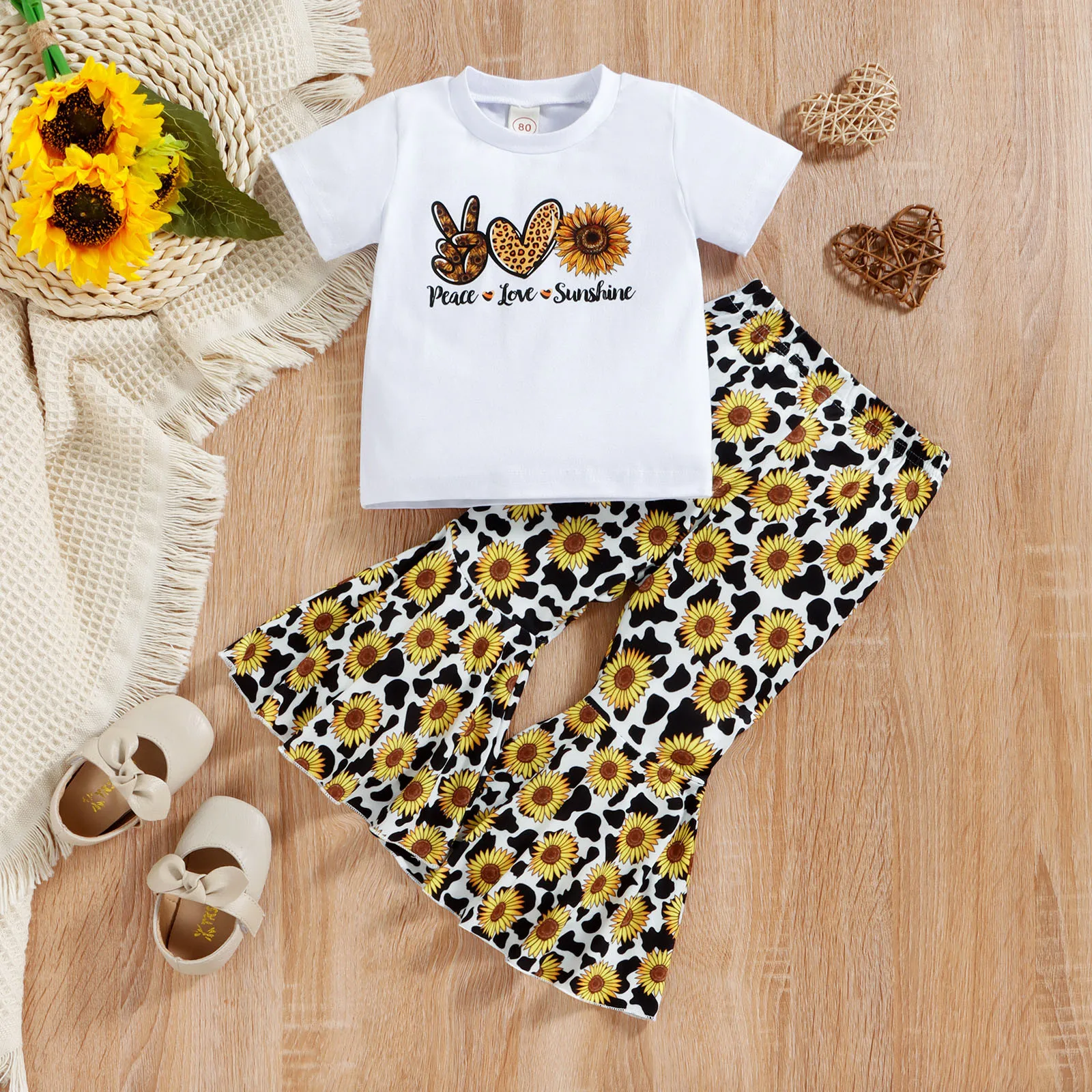 

Toddler Girls Short Sleeve Letter T Shirt Tops Sunflower Prints Flare Pants Outfits Baby Girl Wrap Toddler Skirt Set
