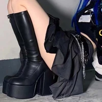 black women boots high heels chunky platform black botas de mujer winter boots knee high boot no zipper matrin boot party shoes