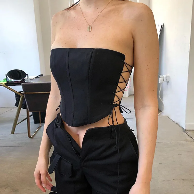 

Sleeveless Off Shoulder Sexy Crop Tops Side Straps Corset Female Underwear Backless Bustier Top Solid Black Club Party Wear