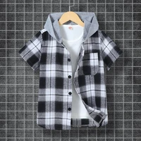 hot selling kids clothes boys fashion plaid hooded short sleeve boys t shirts summer boys clothes cool children kids tees 5 9y