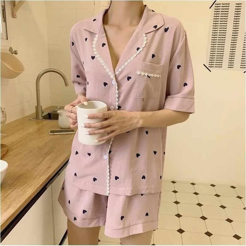 QWEEK Pajamas for Women Home Clothes Pijamas Ladies Heart Print Nightie Lounge Wear Sexy Sleepwear Two Piece Set Pyjamas Summer
