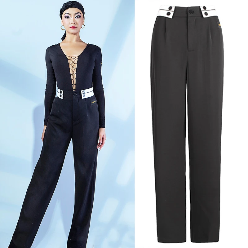 

Women'S High Waist Modern Dancing Pants Ballroom National Standard Dance Trousers Black Practice Pants Stage Costumes SL6169