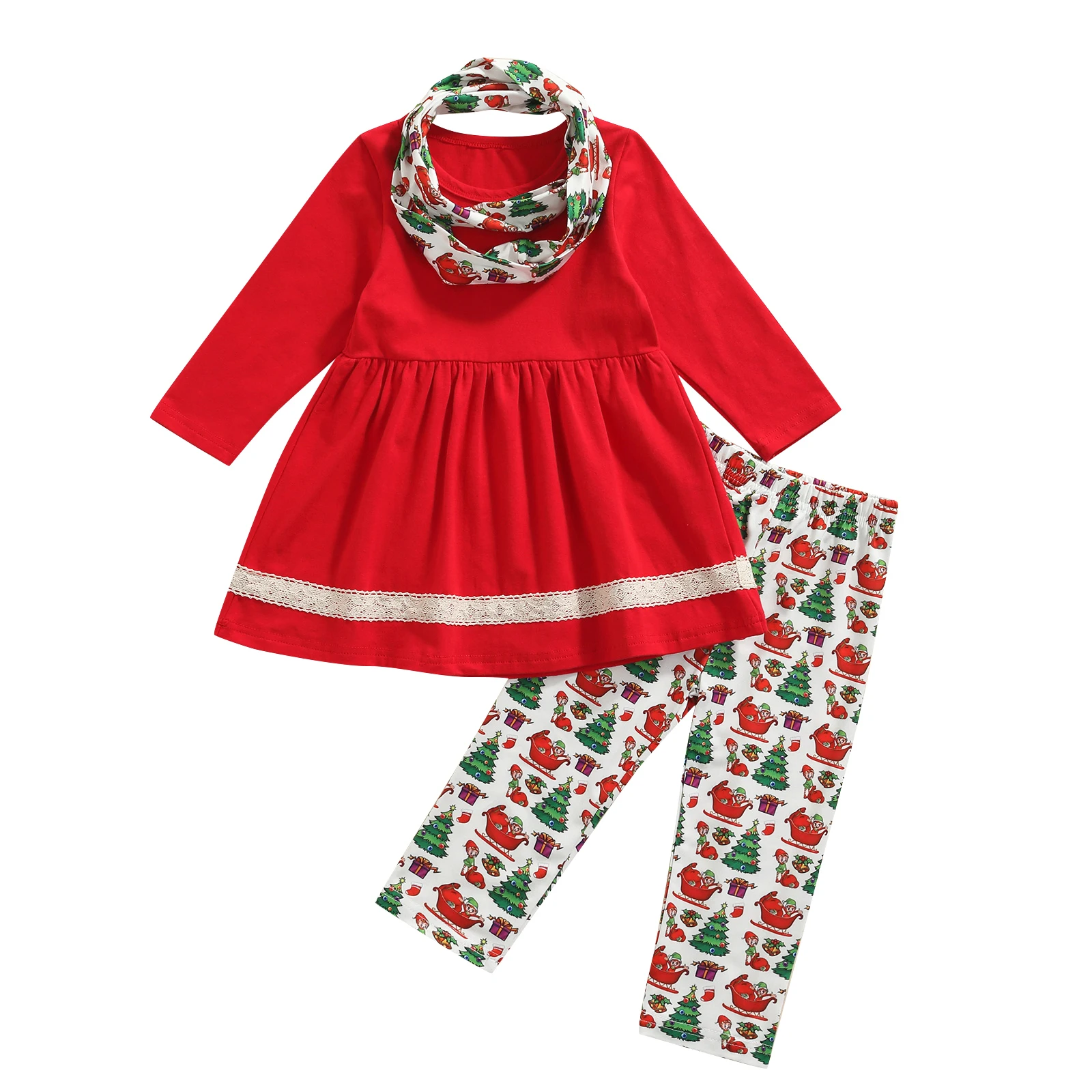 

Girls Christmas Three-piece Clothes Set, Red Round Collar Pullover, Christmas Tree Printed Pattern Pants and Neckerchief