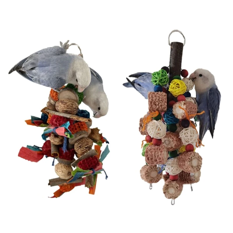 

Y9RE Parrots Chewing Toy Colorful Rattan Ball Natural Block Beads Corn Corbs Bite Toy with Metal Hanging Hook for Cage