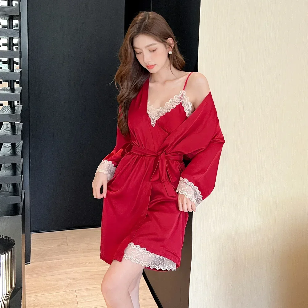 2 шт. шелковистый атласный халат невесты костюм весна-лето женское кимоно