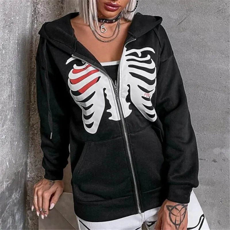 

2022 Skull Print Hoodie Sweatshirt Women's Full Zip Sweatshirt Y2K Long Sleeve Hooded Jacket Streetwear