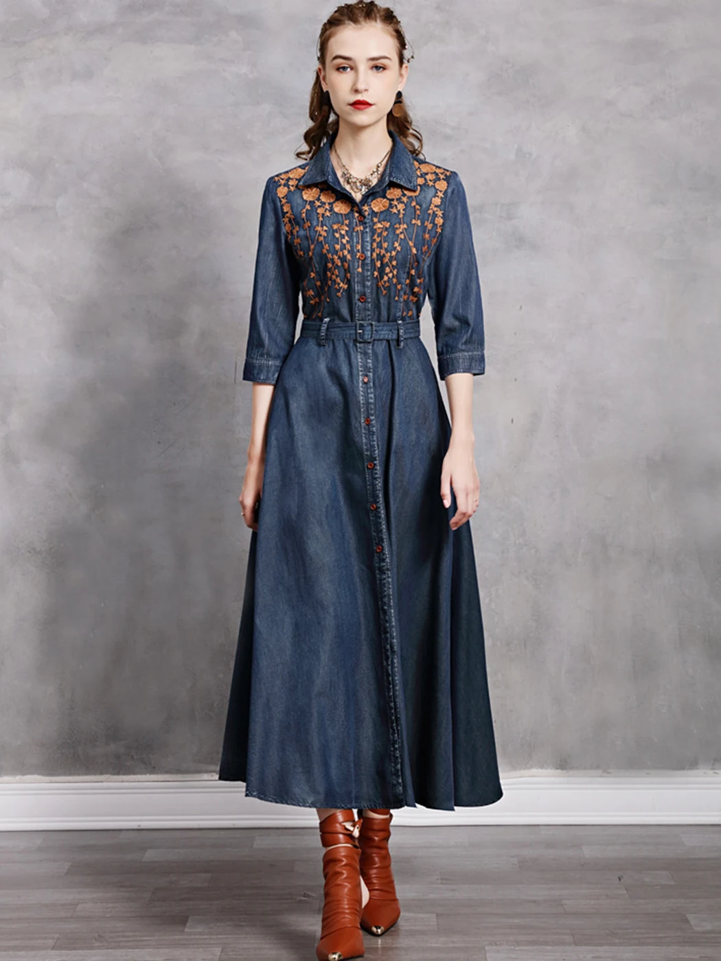 Jastie Vintage Elegant Denim Maxi Dress 