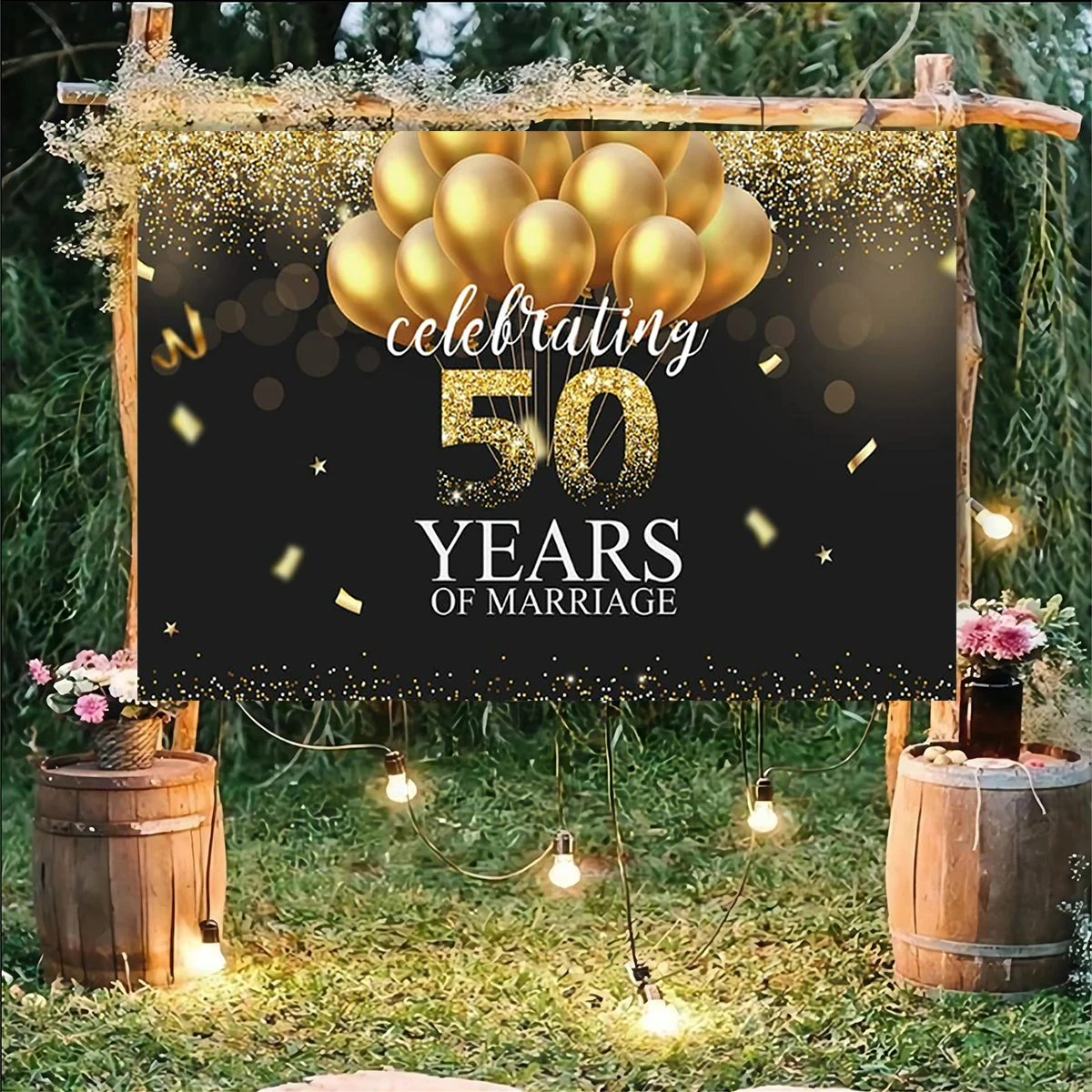 

Happy 50th Birthday Party Anniversary Decorations Backdrop Golden Balloons Photo Background Cake Table Extra Large Banner