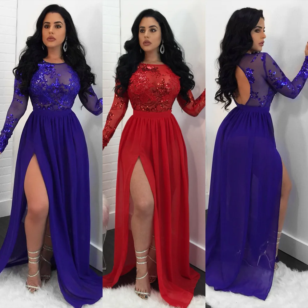 

Gorgeous Ball Gown Sweetheart Blue Red Tulle Split Prom Dresses with Sequin Sexy Backless Floor-lenght Mother Of The Bride Dress