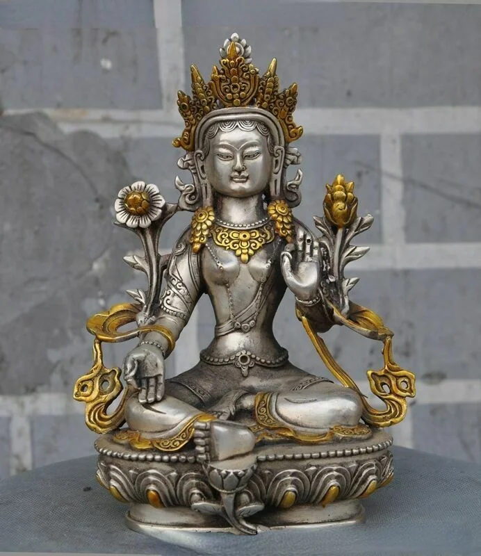 

Fashion Chinese Exquisite collection archaize white copper Gold plated Green tara Buddha statue Living Room Decoration Home Gift