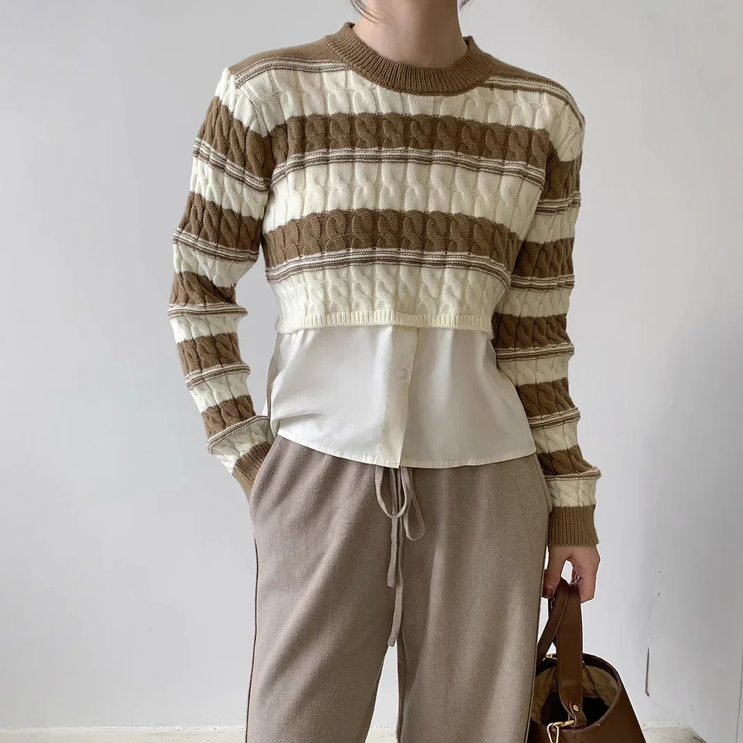 Женская весна-осень 2024 корейский стиль полосатая вязаная рубашка с круглым