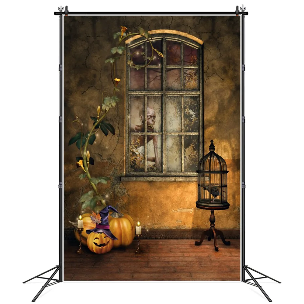 

Grunge Wall Monster Window Pumpkin Lantern Vines Halloween Photography Backgrounds Custom Baby Party Decoration Photo Backdrops