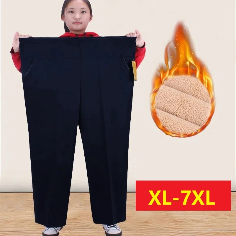 

Oversize Women Trousers New Stretch High Waist Autumn Mom Pants Winter Fleece Warm Straight Pants Female Loose Casual Pants 7XL