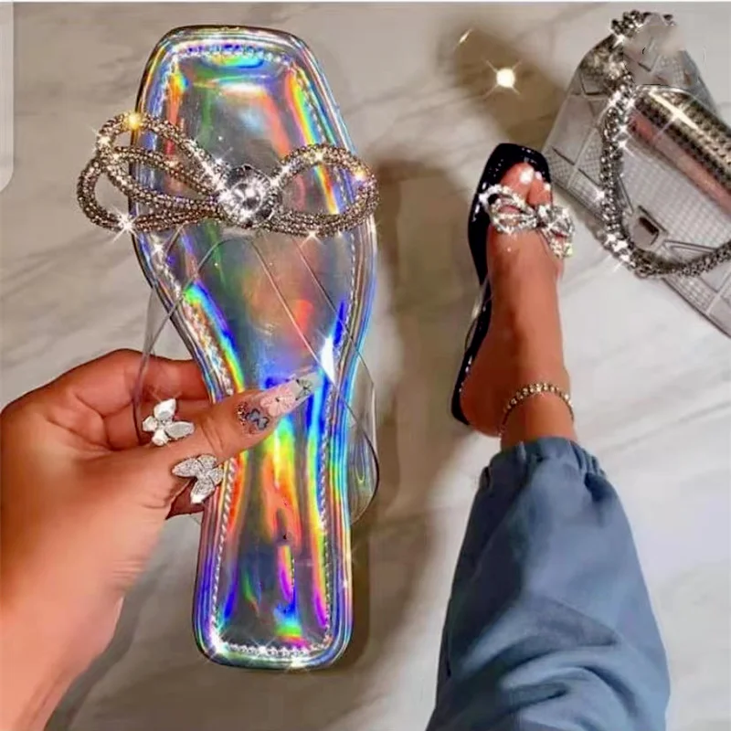 

Women's Flip Flops 2023 Colorful Rhinestone Strip Ladies Shoes Summer New Bling Sexy Beach Woman Outside Wear Slippers Slides