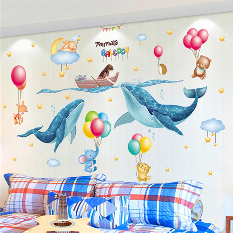 

Whales Girl Wall Stickers DIY Balloons Animals Mural Decals for Kids Rooms Baby Bedroom Kindergarten Nursery House Decoration