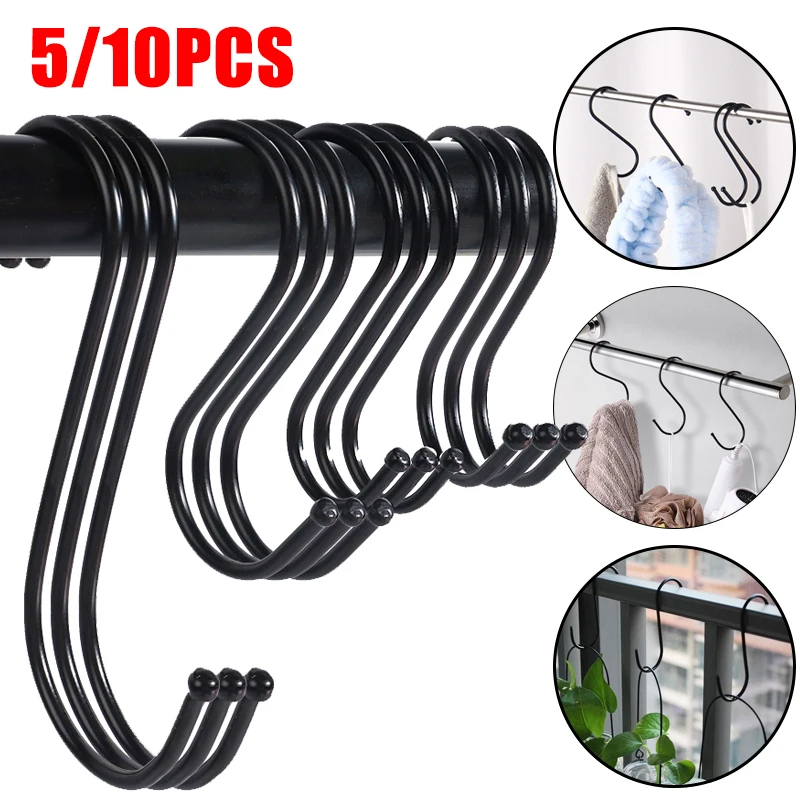 5/10pcs Black S Shape Hook Kitchen Pot Hanging Holder Bathroom Towel Bags Clothes Keys Organizer Storage S Hooks Railing Hanger