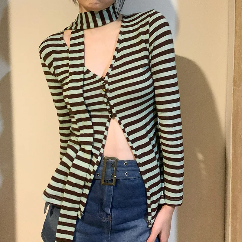 

Y2k 2021 Spring and Autumn New Women's Pure Color Slim Fashion Mid-length V-neck Long-sleeved Cardigan Strap T-shirt Women